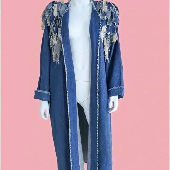 Cottage Originals Jackets & Blazers - Denim Maxi Duster Coat Patchwork Boho Western Festival Fringe Rare Large